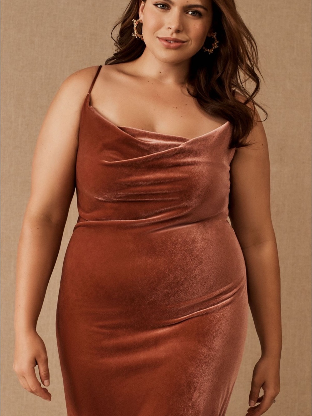 Jenny Yoo Velvet Cowl Slip Midi Dress - Rust Brown